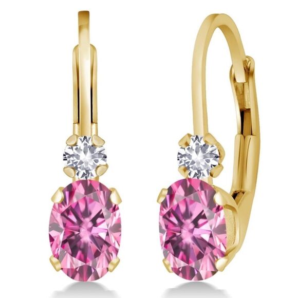 14K Yellow Gold 1.00 Cttw Pink Moissanite and White Sapphire Leverback Earrings